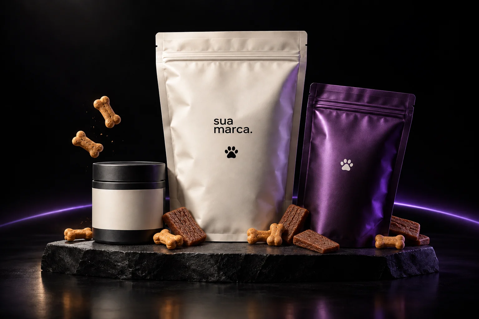 Conceito ilustrativo de embalagens para sua marca de petiscos: pouch, suplemento, bifinhos e biscoitos em uma composição premium